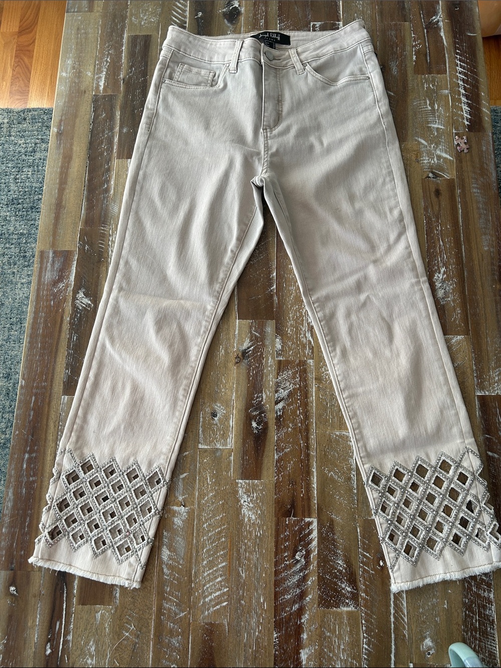 Women's Beige Embellished Hem Jeans - Joseph Ribkoff